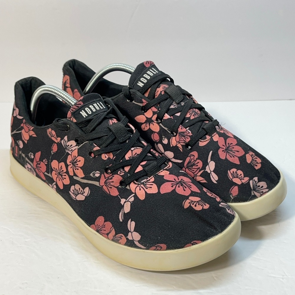 NOBULL Training Shoes W 12.5/M 11 Black Pink Cherry Blossom Floral Canvas Gym - Picture 1 of 12